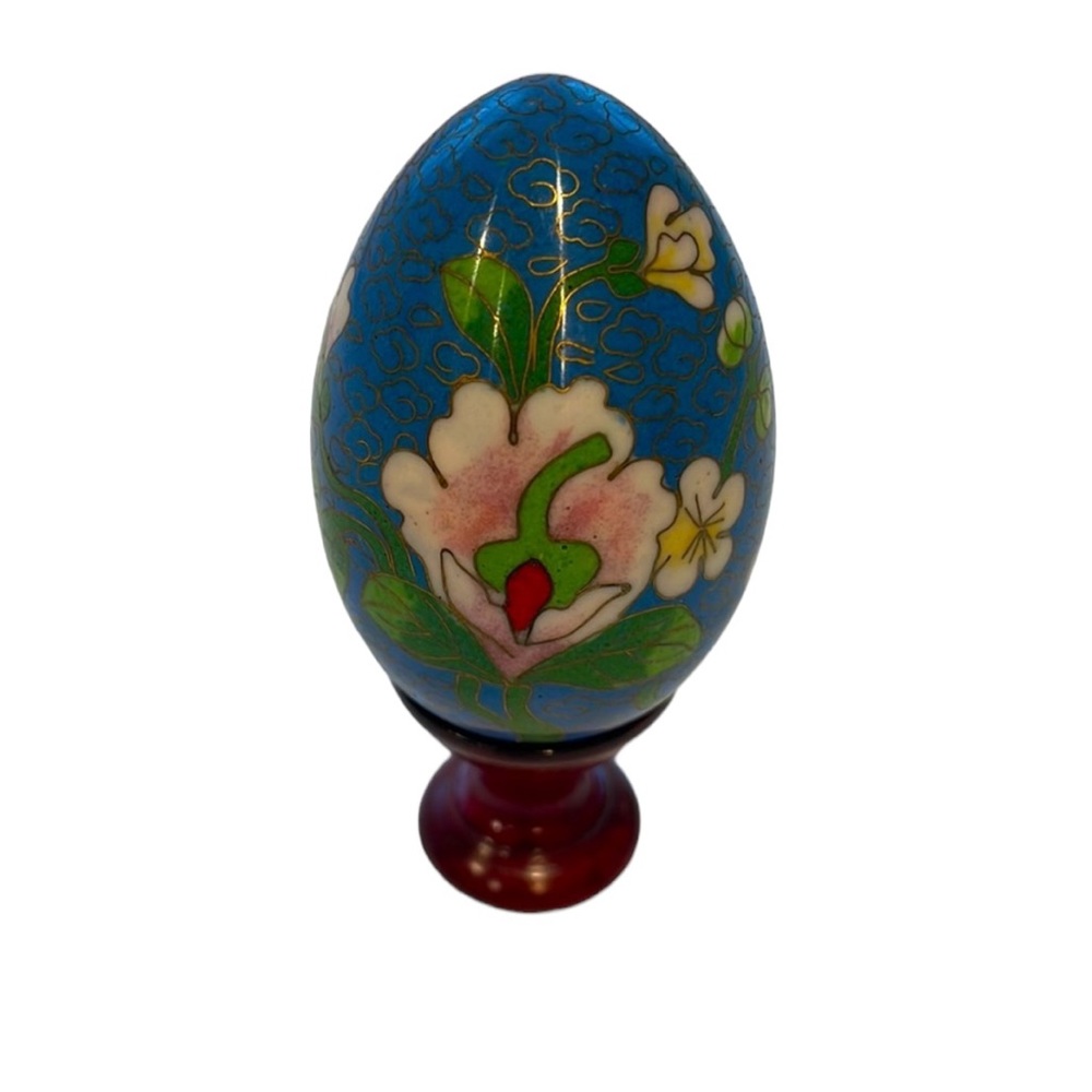 Antique Cloisonne Egg: Vintage with smooth surface and wooden base